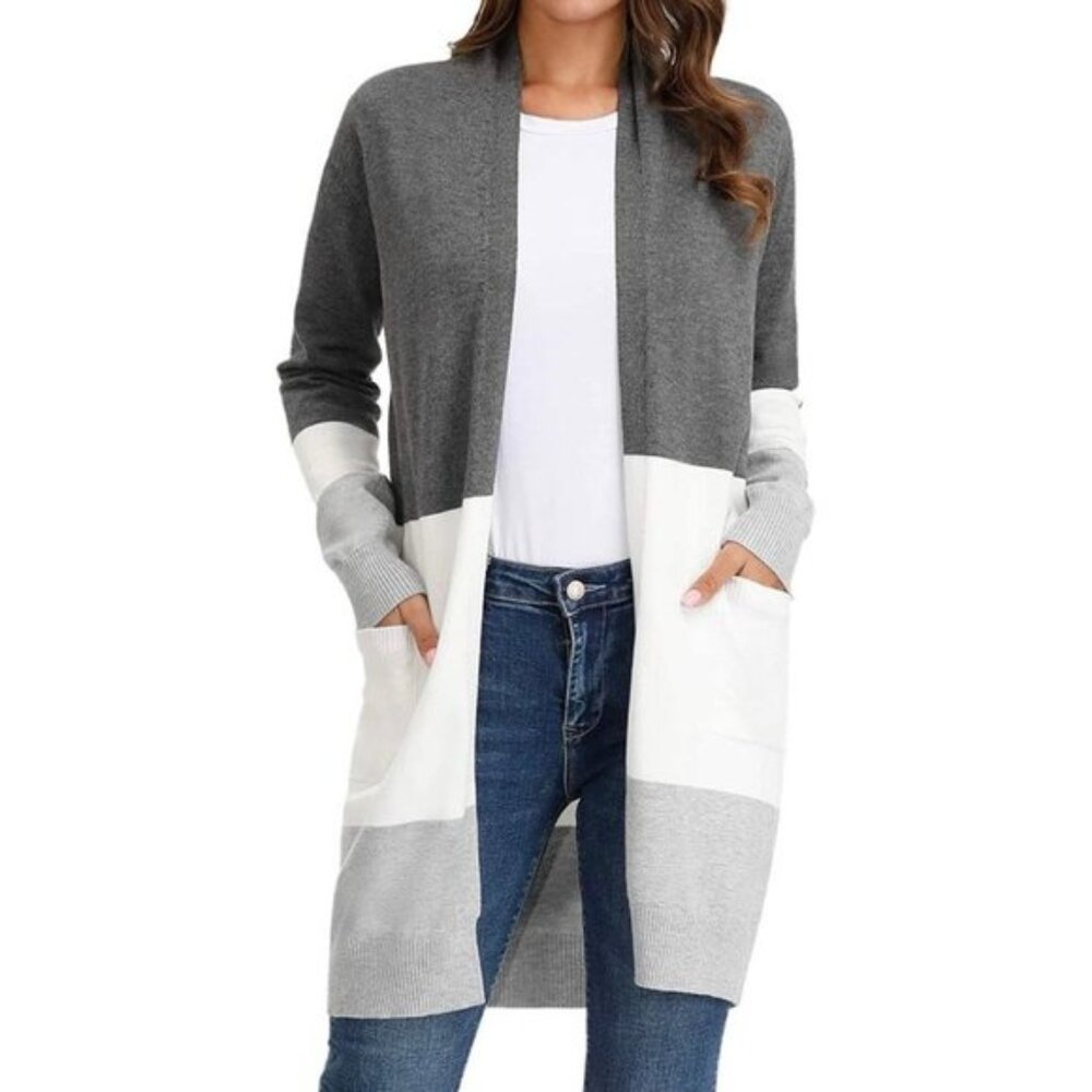 Womens Gray and White‎ Color Block Long Cardigan Open Front Size L